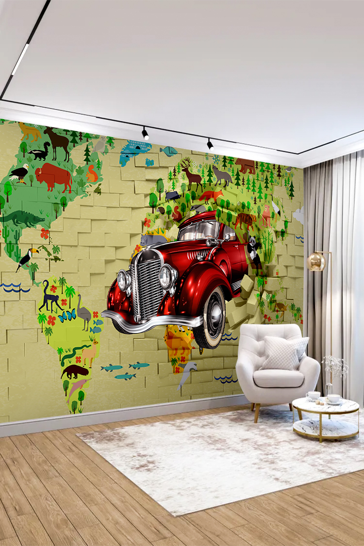 Retro Araba ve Doğa Temalı Duvar Kağıdı - Görsel 3