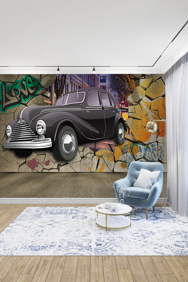 Vintage Araba ve Graffiti Duvar Kağıdı - Görsel 2