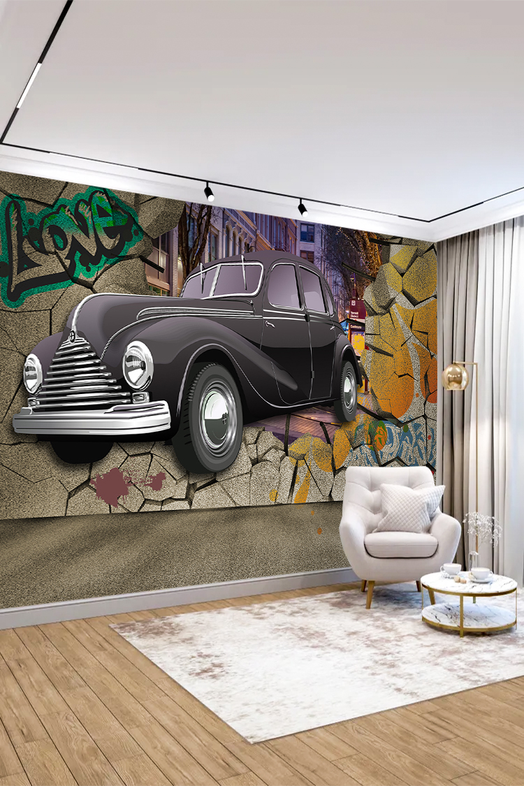 Vintage Araba ve Graffiti Duvar Kağıdı - Görsel 3