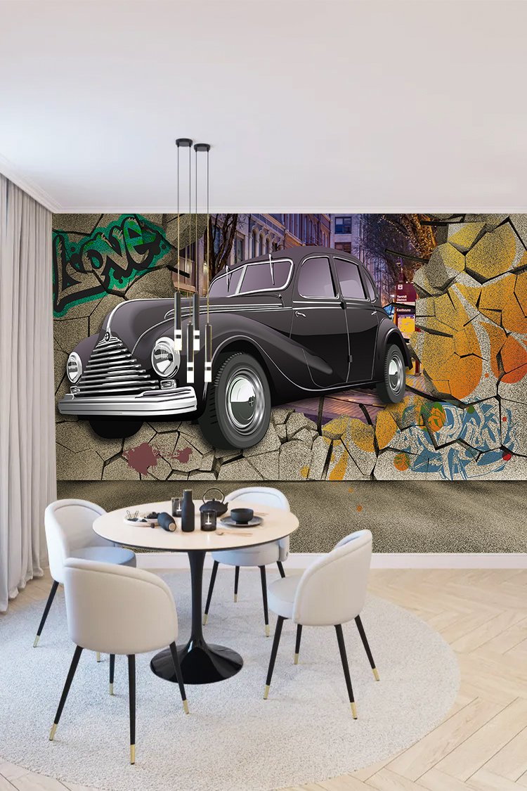 Vintage Araba ve Graffiti Duvar Kağıdı - Görsel 4