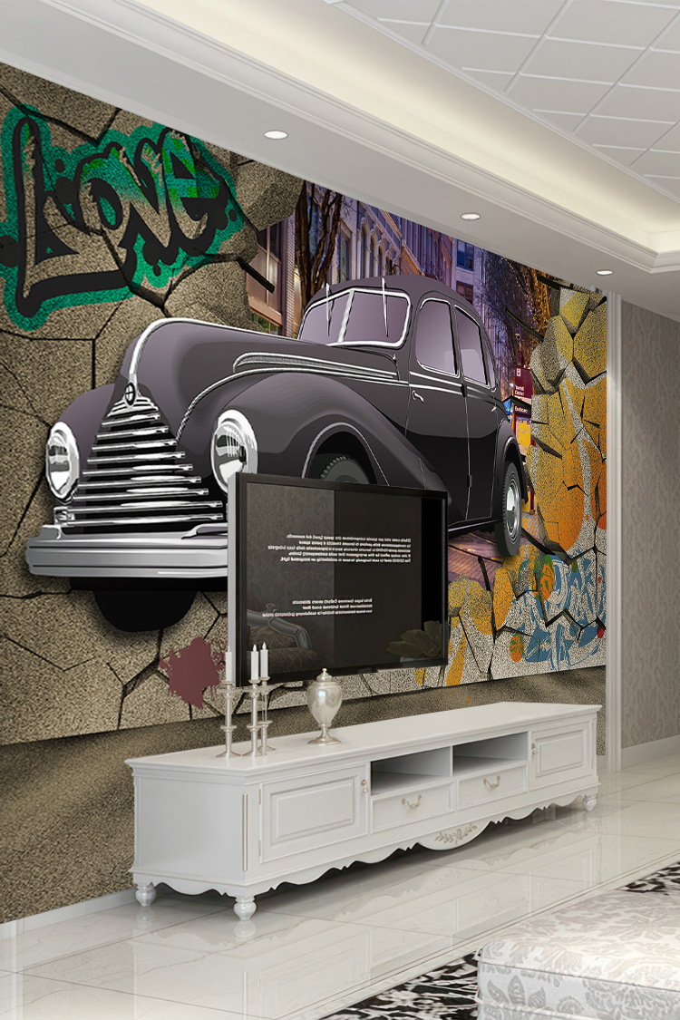 Vintage Araba ve Graffiti Duvar Kağıdı - Görsel 6