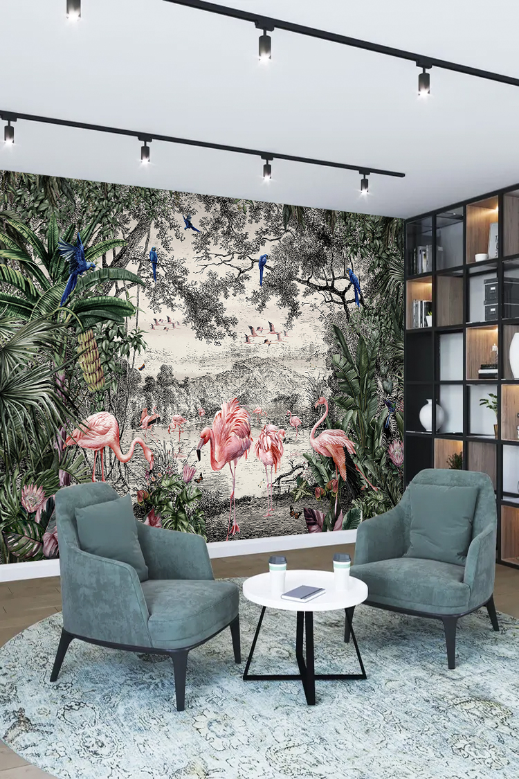 Tropikal Flamingo ve Kuş Desenli Duvar Kağıdı - Görsel 2