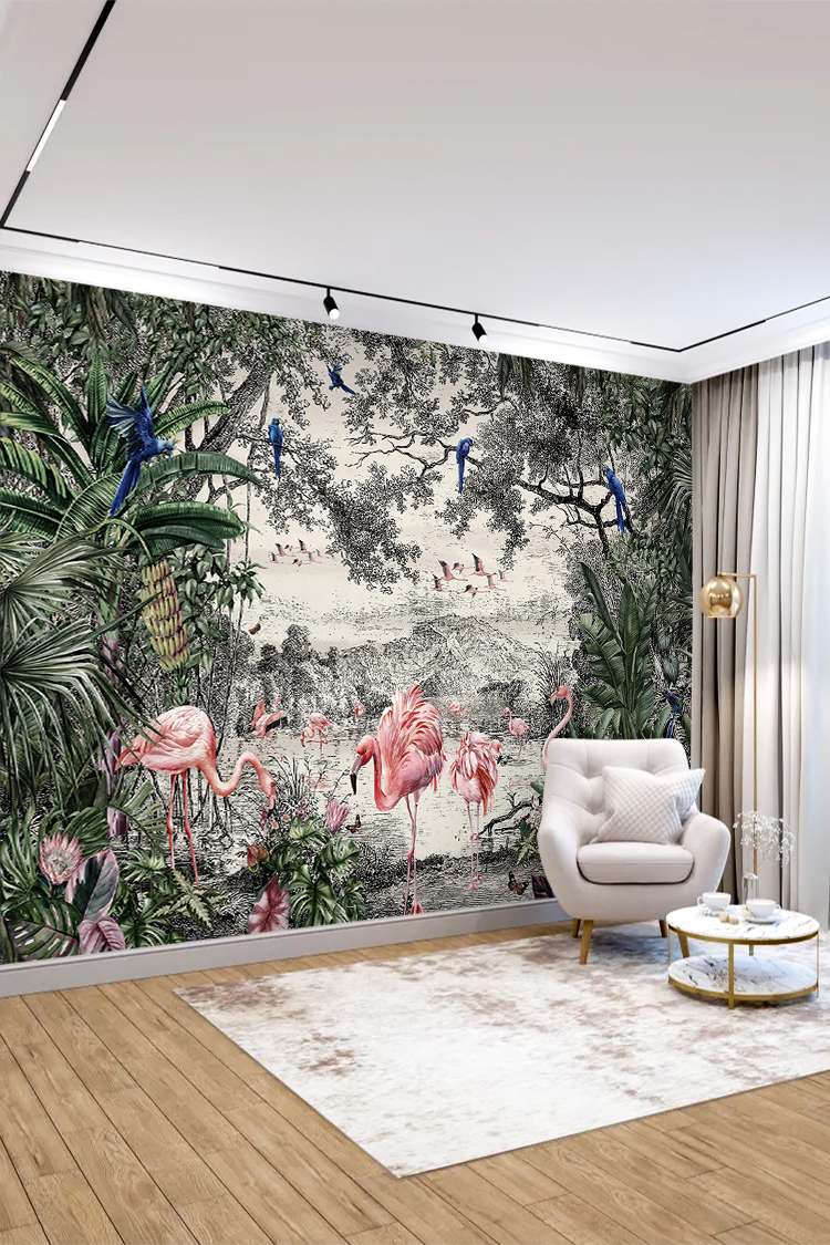 Tropikal Flamingo ve Kuş Desenli Duvar Kağıdı