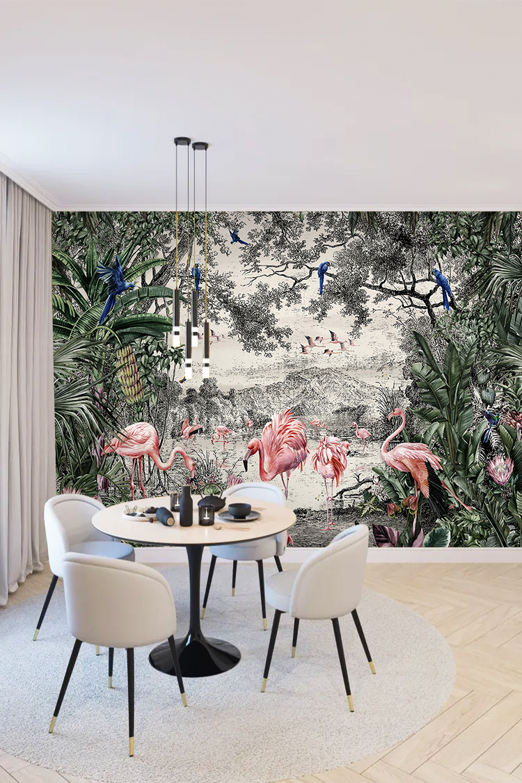 Tropikal Flamingo ve Kuş Desenli Duvar Kağıdı - Görsel 4