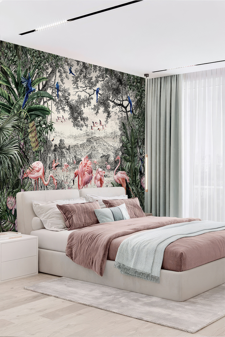 Tropikal Flamingo ve Kuş Desenli Duvar Kağıdı - Görsel 5