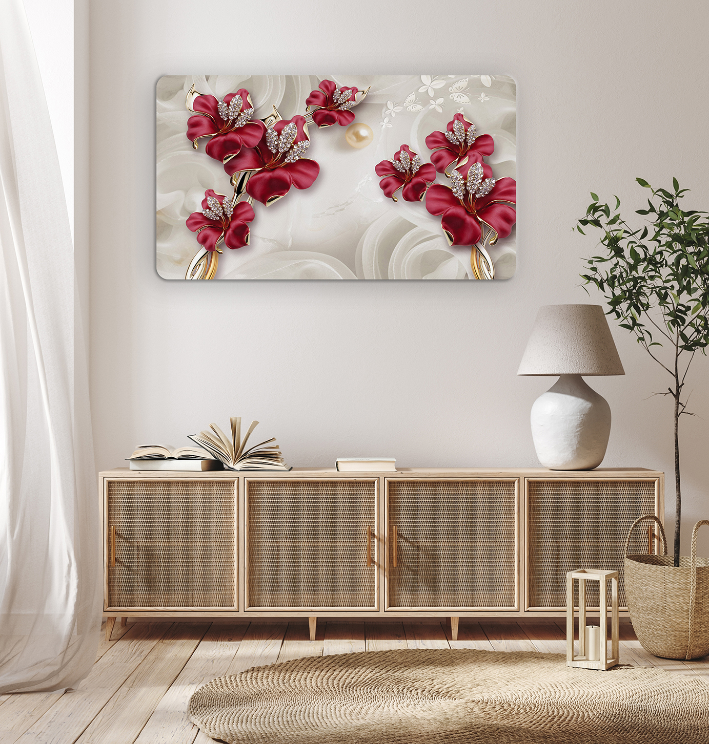Kırmızı Çiçekli Soyut Duvar Kağıdı - Modern Tasarım - Görsel 8