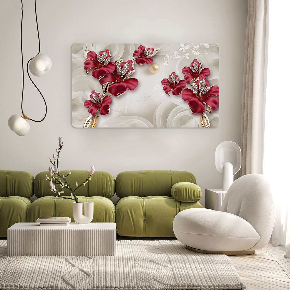 Kırmızı Çiçekli Soyut Duvar Kağıdı - Modern Tasarım - Görsel 6