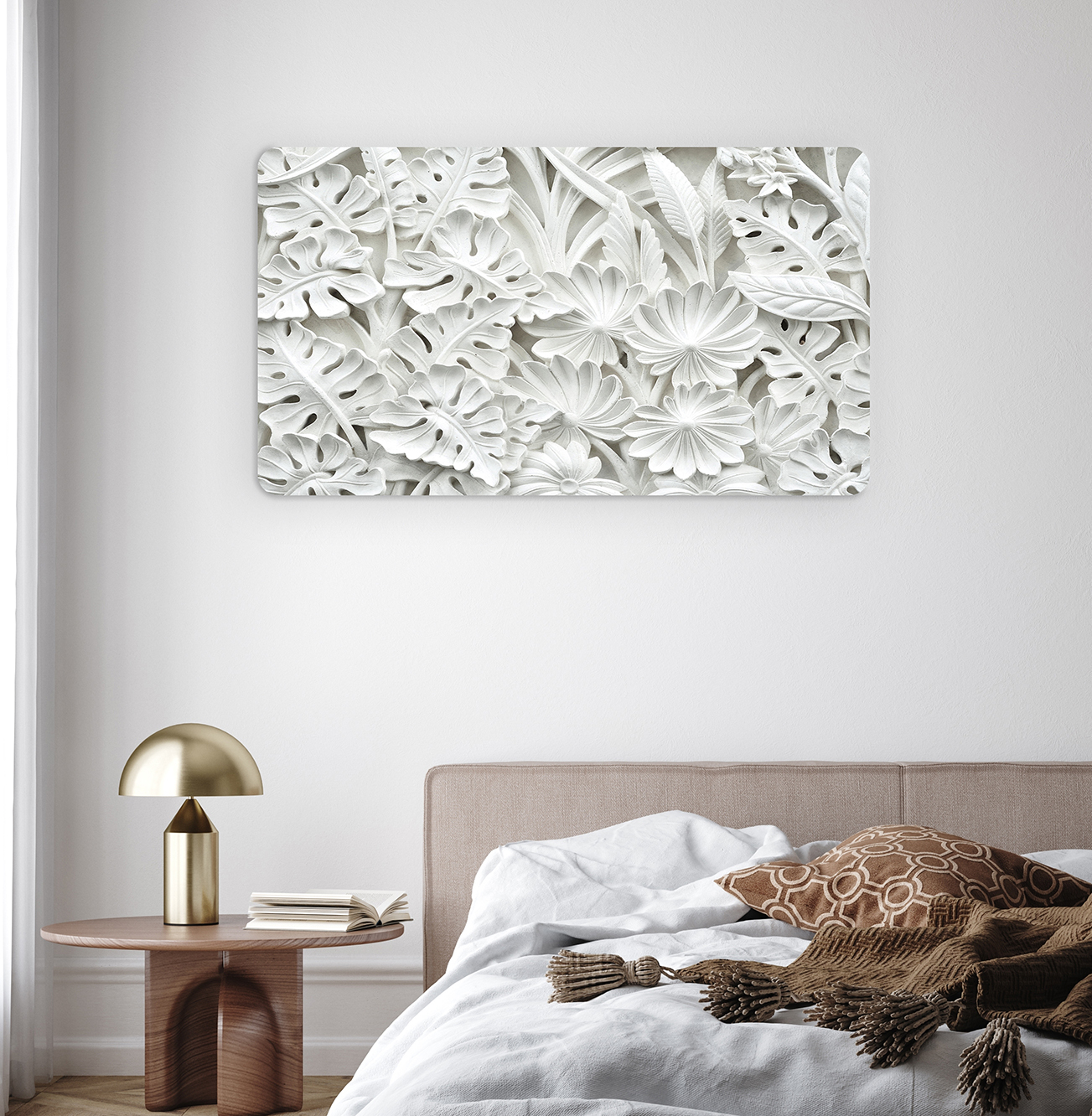 Beyaz Çiçek ve Yaprak Desenli 3D Duvar Kağıdı - Modern ve Şık Tasarım - Görsel 6