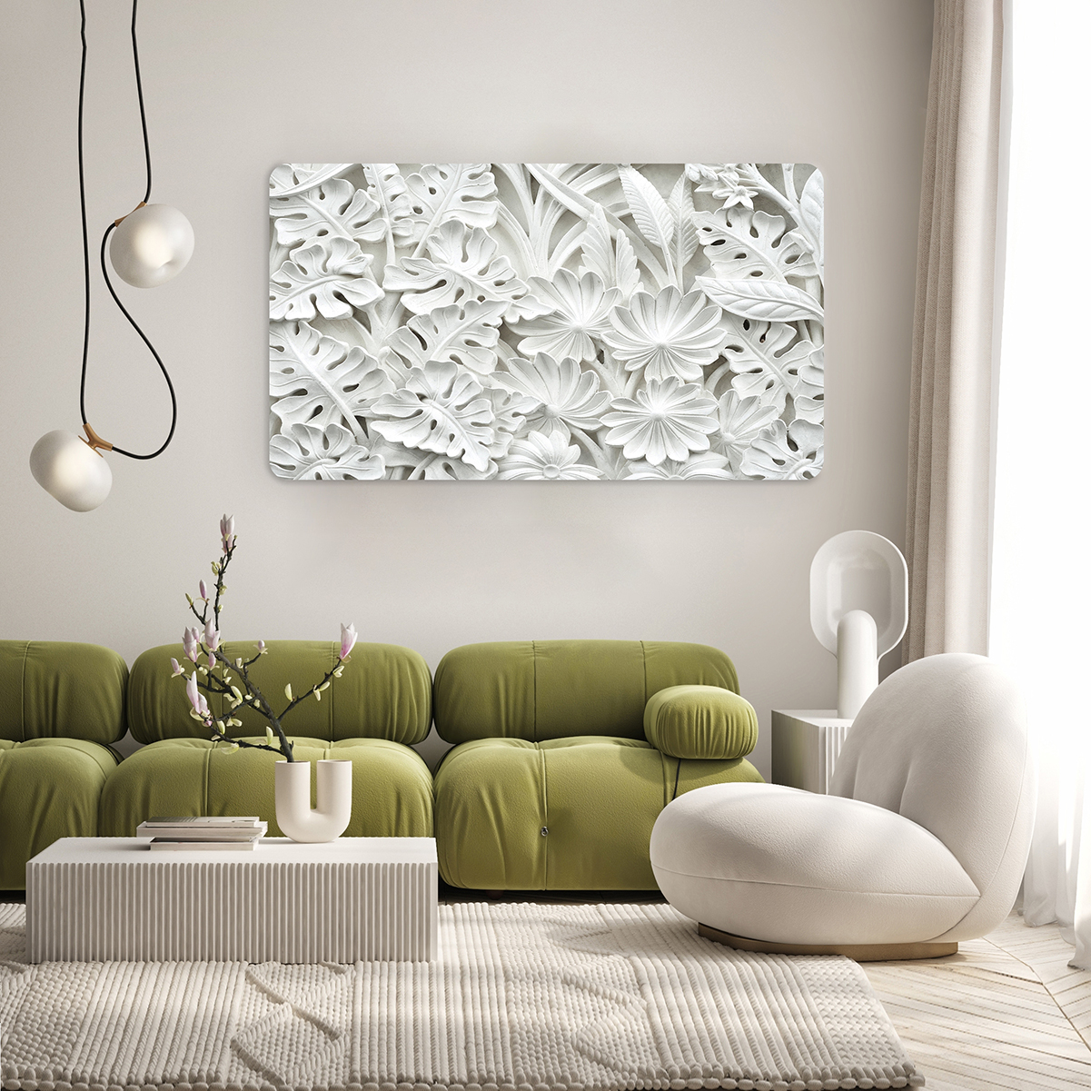 Beyaz Çiçek ve Yaprak Desenli 3D Duvar Kağıdı - Modern ve Şık Tasarım - Görsel 7