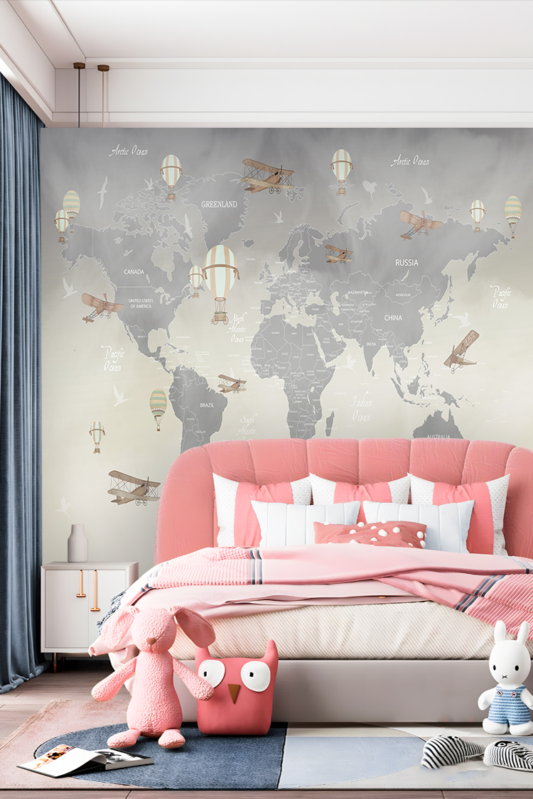 Uçan Balonlar ve Dünya Haritası Duvar Kağıdı - Görsel 2