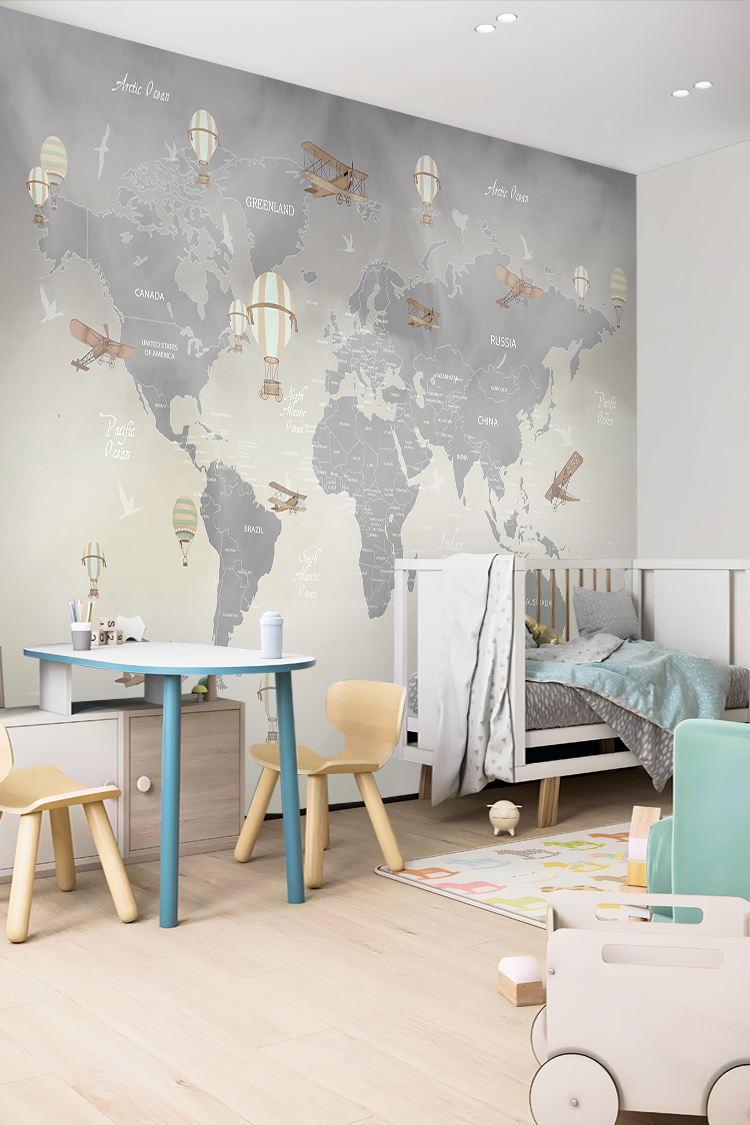 Uçan Balonlar ve Dünya Haritası Duvar Kağıdı