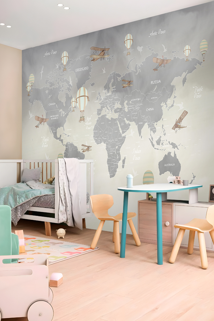 Uçan Balonlar ve Dünya Haritası Duvar Kağıdı - Görsel 3
