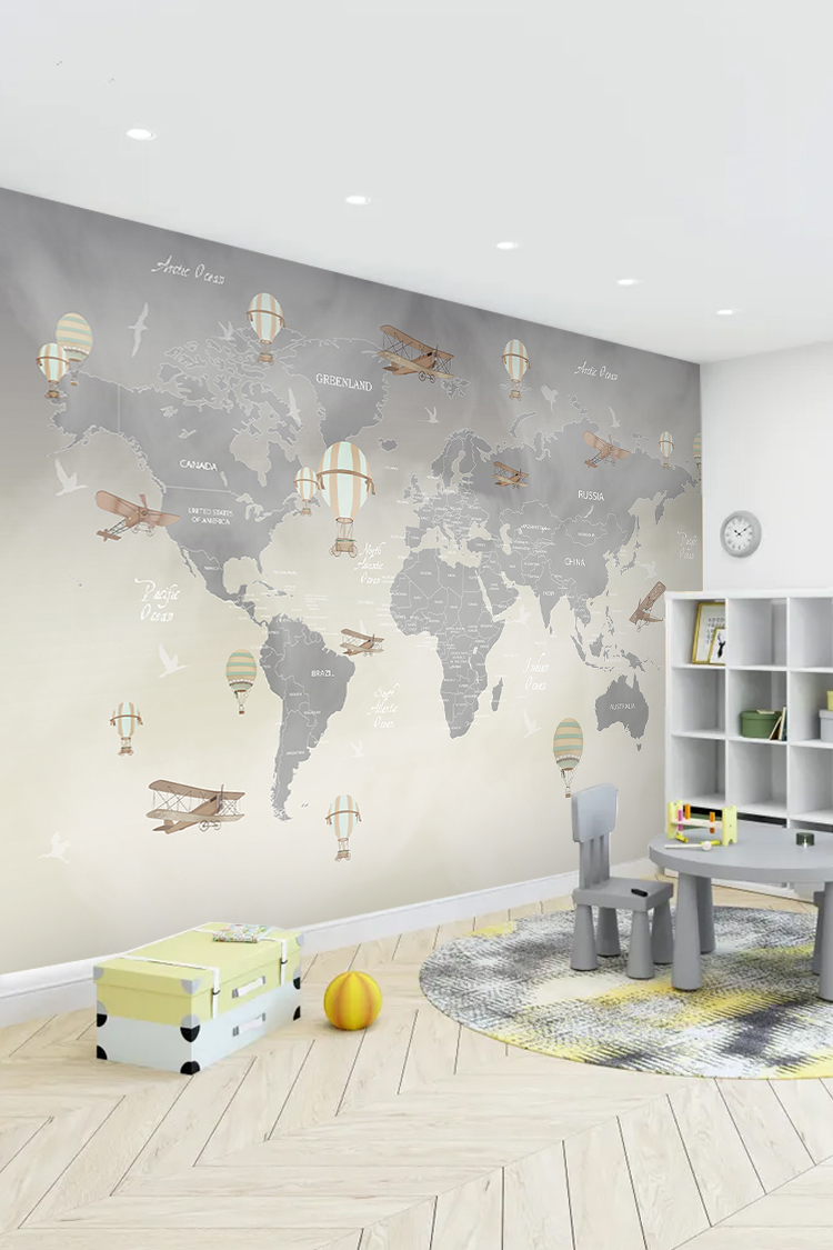 Uçan Balonlar ve Dünya Haritası Duvar Kağıdı - Görsel 4