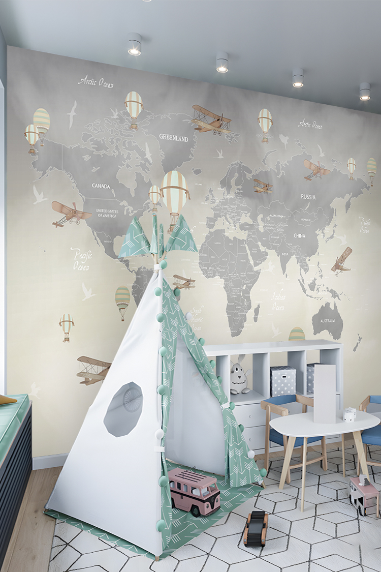 Uçan Balonlar ve Dünya Haritası Duvar Kağıdı - Görsel 5