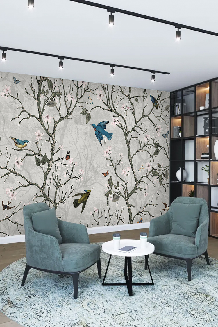 Kuşlar ve Çiçek Desenli Zarif Duvar Kağıdı - Görsel 2