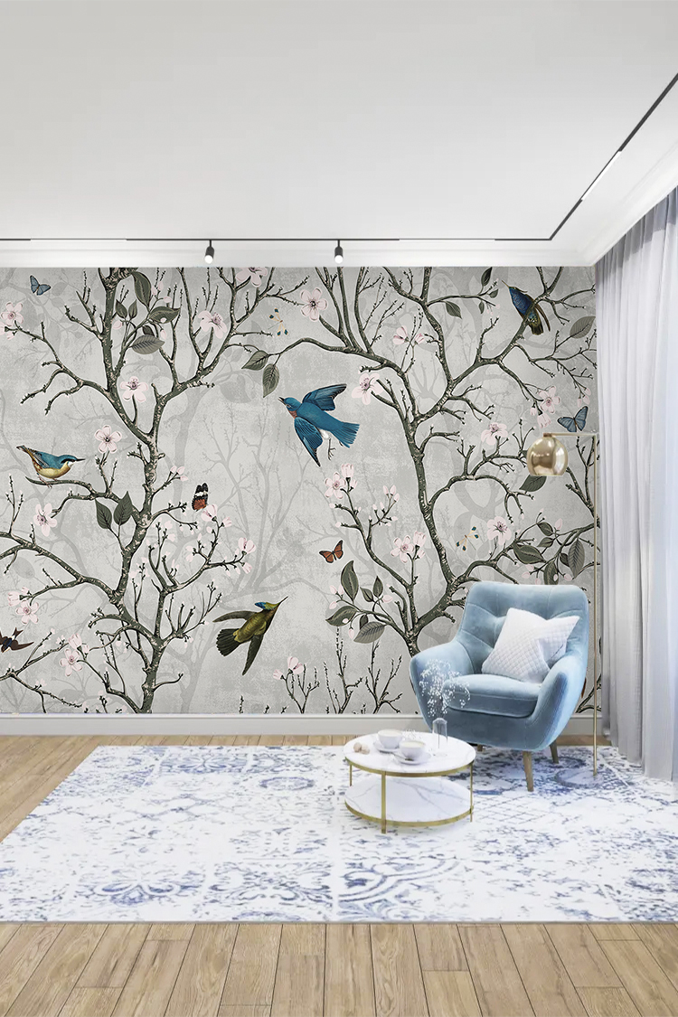 Kuşlar ve Çiçek Desenli Zarif Duvar Kağıdı - Görsel 3
