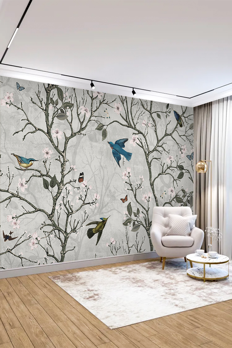 Kuşlar ve Çiçek Desenli Zarif Duvar Kağıdı
