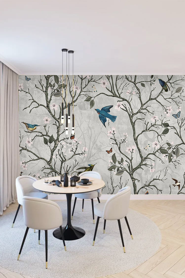 Kuşlar ve Çiçek Desenli Zarif Duvar Kağıdı - Görsel 4