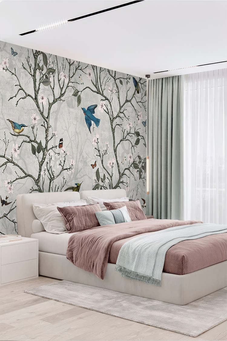 Kuşlar ve Çiçek Desenli Zarif Duvar Kağıdı - Görsel 5