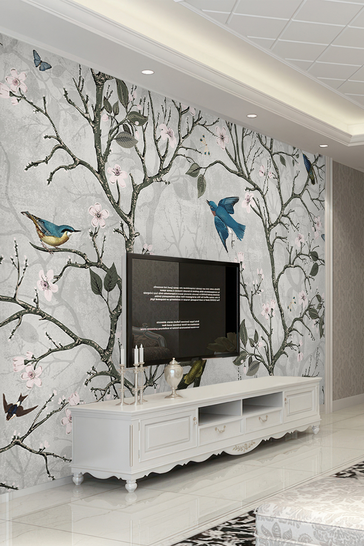 Kuşlar ve Çiçek Desenli Zarif Duvar Kağıdı - Görsel 6