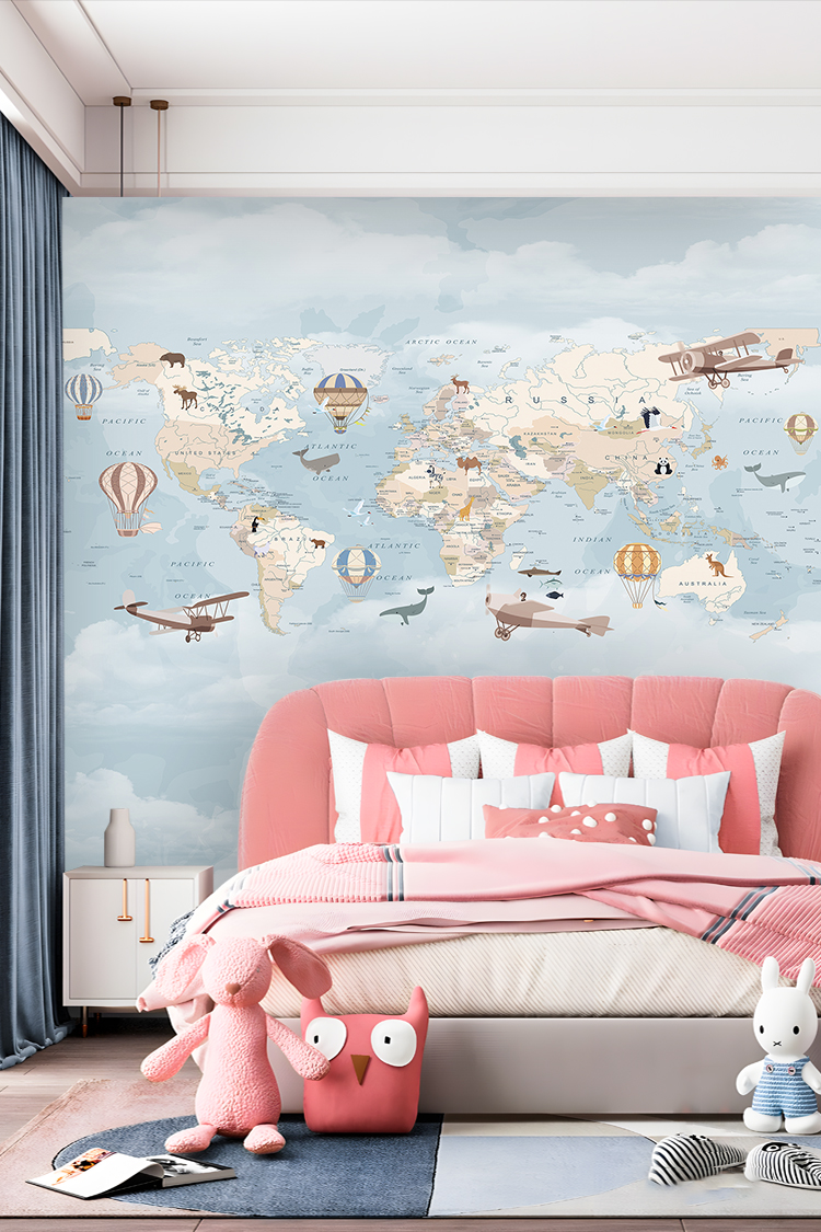 Hayvanlar ve Uçaklarla Dünya Haritası Duvar Kağıdı - Görsel 2