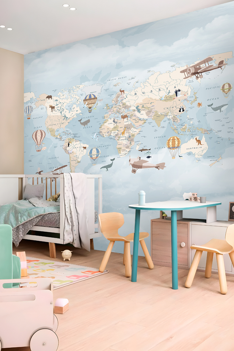 Hayvanlar ve Uçaklarla Dünya Haritası Duvar Kağıdı - Görsel 4