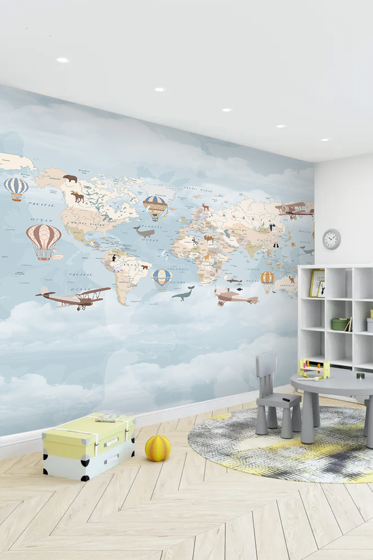 Hayvanlar ve Uçaklarla Dünya Haritası Duvar Kağıdı