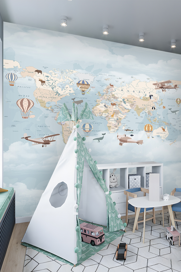 Hayvanlar ve Uçaklarla Dünya Haritası Duvar Kağıdı - Görsel 5