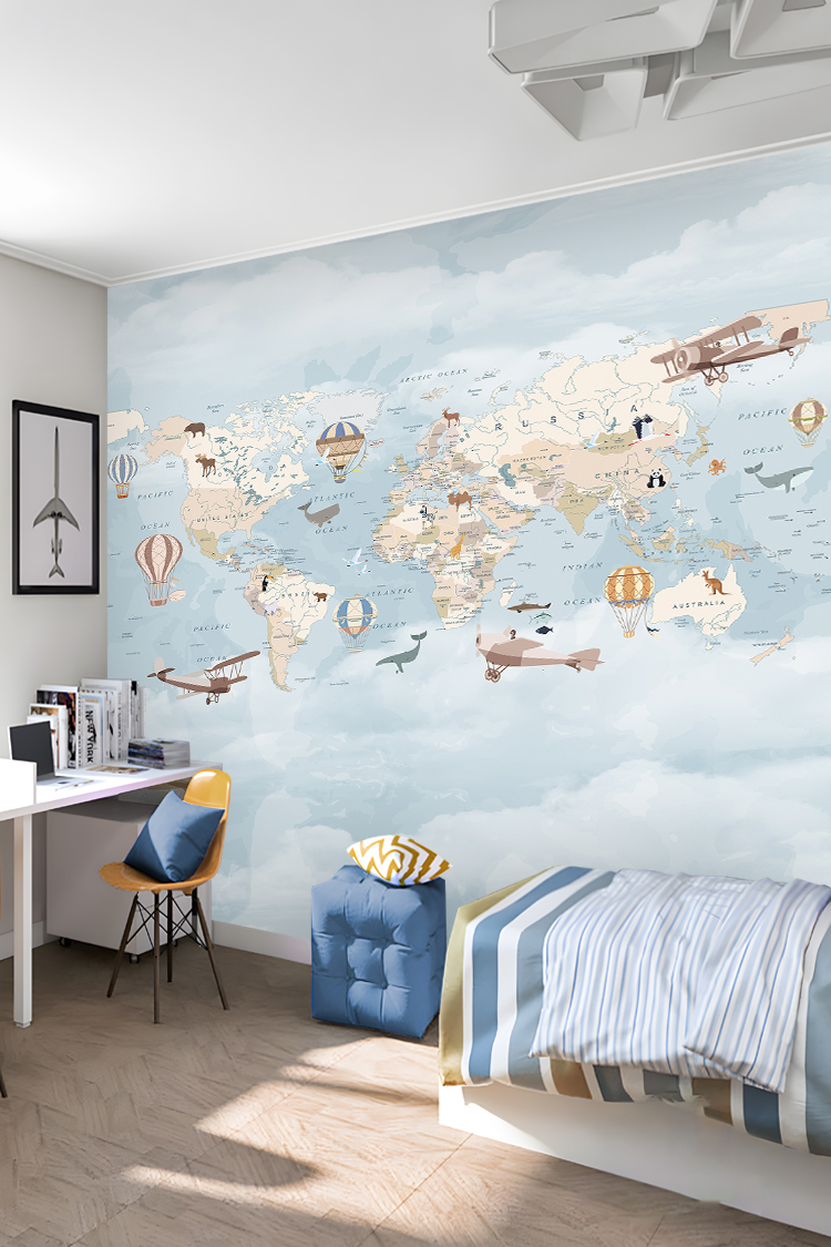 Hayvanlar ve Uçaklarla Dünya Haritası Duvar Kağıdı - Görsel 6
