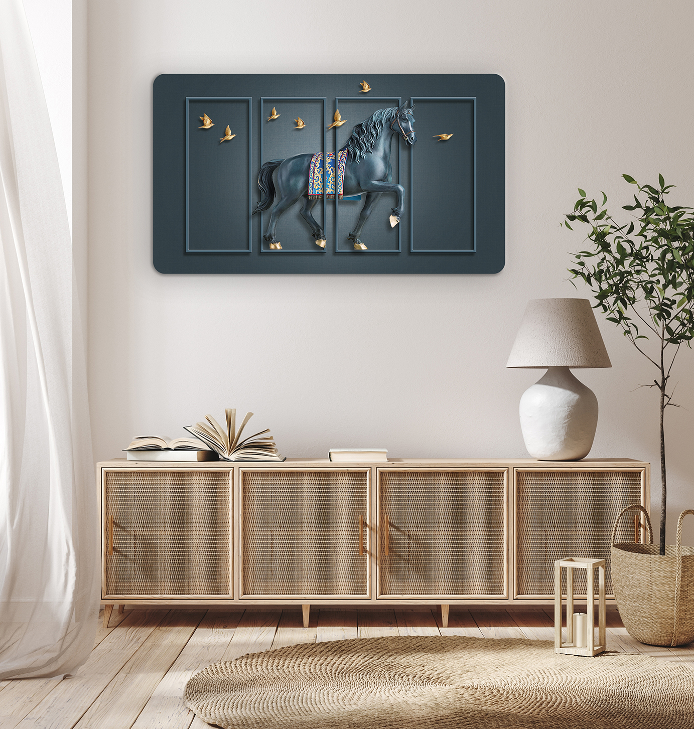 At Üzerinde Kuşlar ile Soyut Duvar Kağıdı - Modern Tasarım ve Dekoratif Sanat - Görsel 8