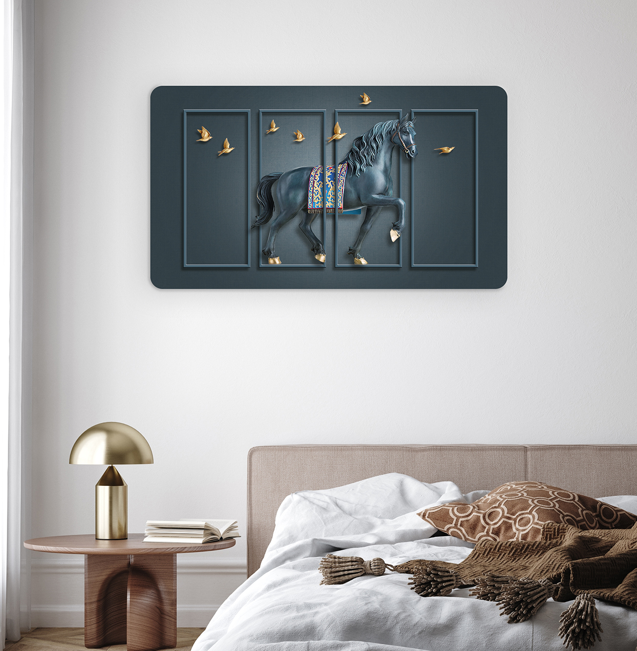 At Üzerinde Kuşlar ile Soyut Duvar Kağıdı - Modern Tasarım ve Dekoratif Sanat - Görsel 6