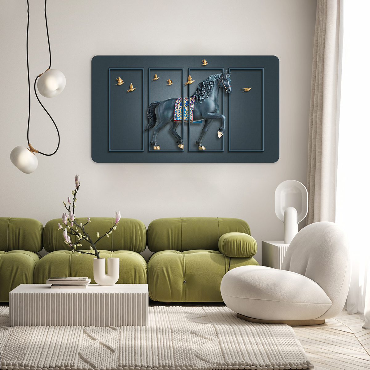 At Üzerinde Kuşlar ile Soyut Duvar Kağıdı - Modern Tasarım ve Dekoratif Sanat - Görsel 7