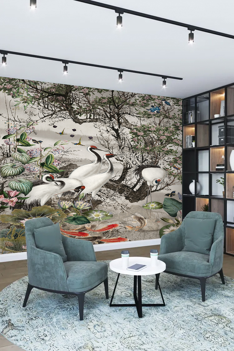 Kuğular ve Bitkiler Deseni Duvar Kağıdı - Görsel 2