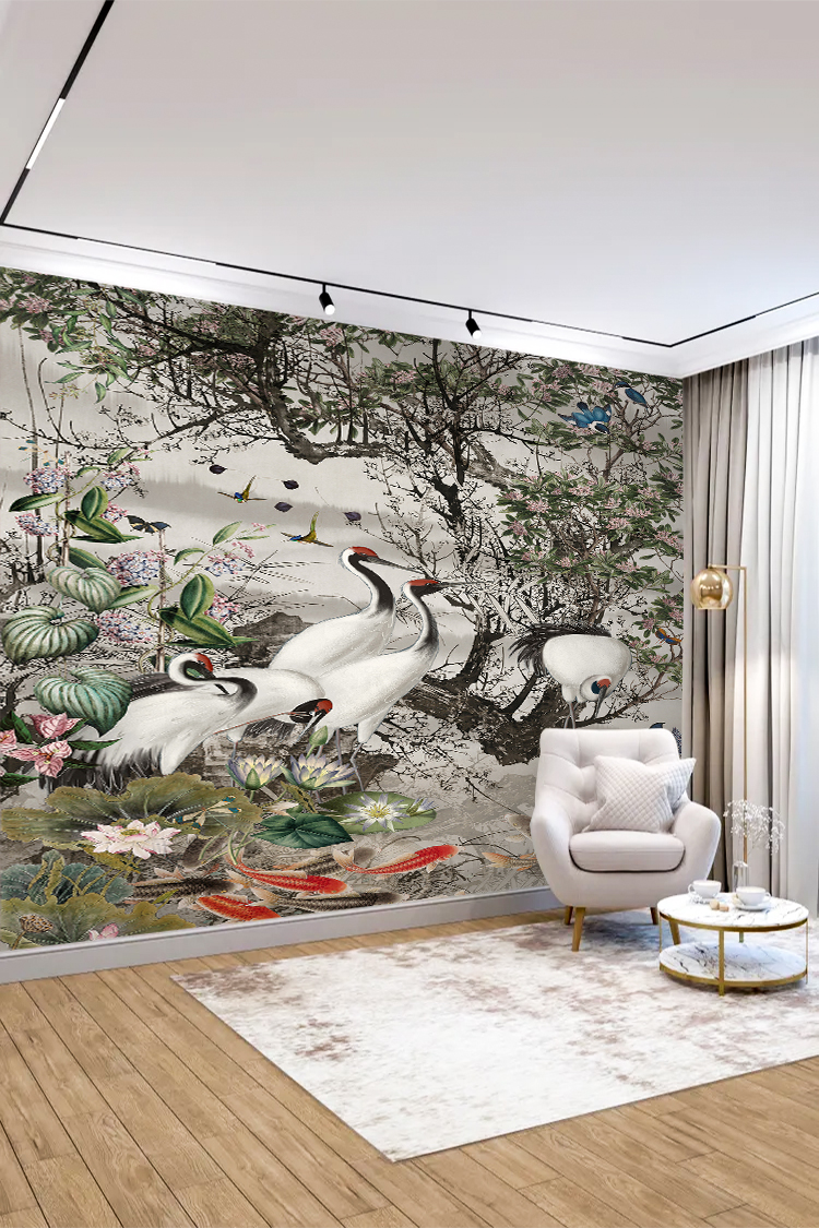 Kuğular ve Bitkiler Deseni Duvar Kağıdı - Görsel 4