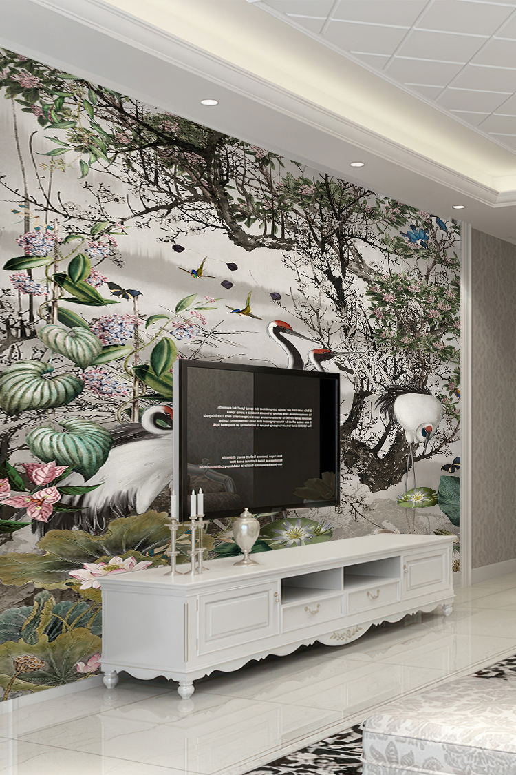 Kuğular ve Bitkiler Deseni Duvar Kağıdı - Görsel 6