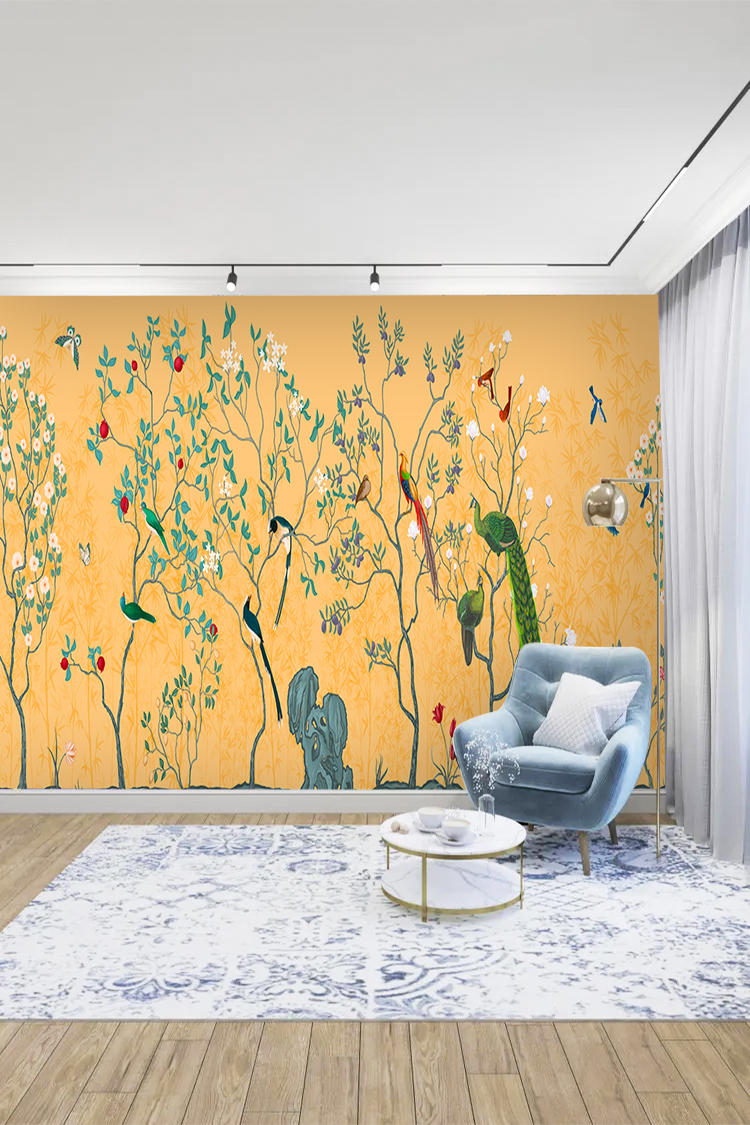 Tropikal Kuşlar ve Çiçek Deseni Duvar Kağıdı - Görsel 3