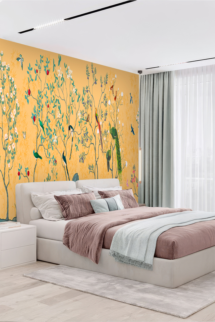 Tropikal Kuşlar ve Çiçek Deseni Duvar Kağıdı