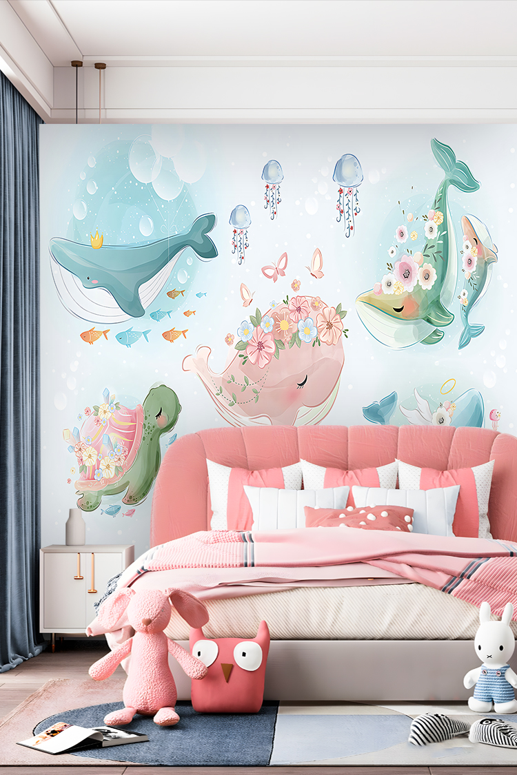 Çiçekli Balinalar ve Deniz Temalı Çocuk Odası Duvar Kağıdı