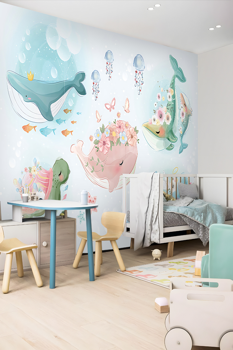 Çiçekli Balinalar ve Deniz Temalı Çocuk Odası Duvar Kağıdı - Görsel 2