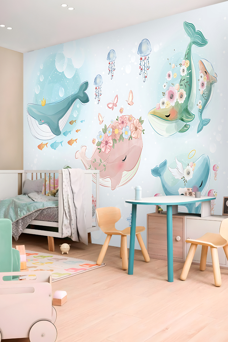 Çiçekli Balinalar ve Deniz Temalı Çocuk Odası Duvar Kağıdı - Görsel 3
