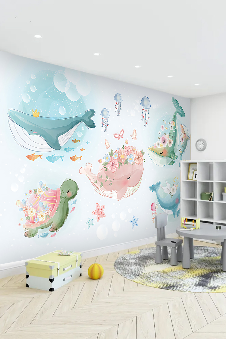 Çiçekli Balinalar ve Deniz Temalı Çocuk Odası Duvar Kağıdı - Görsel 4