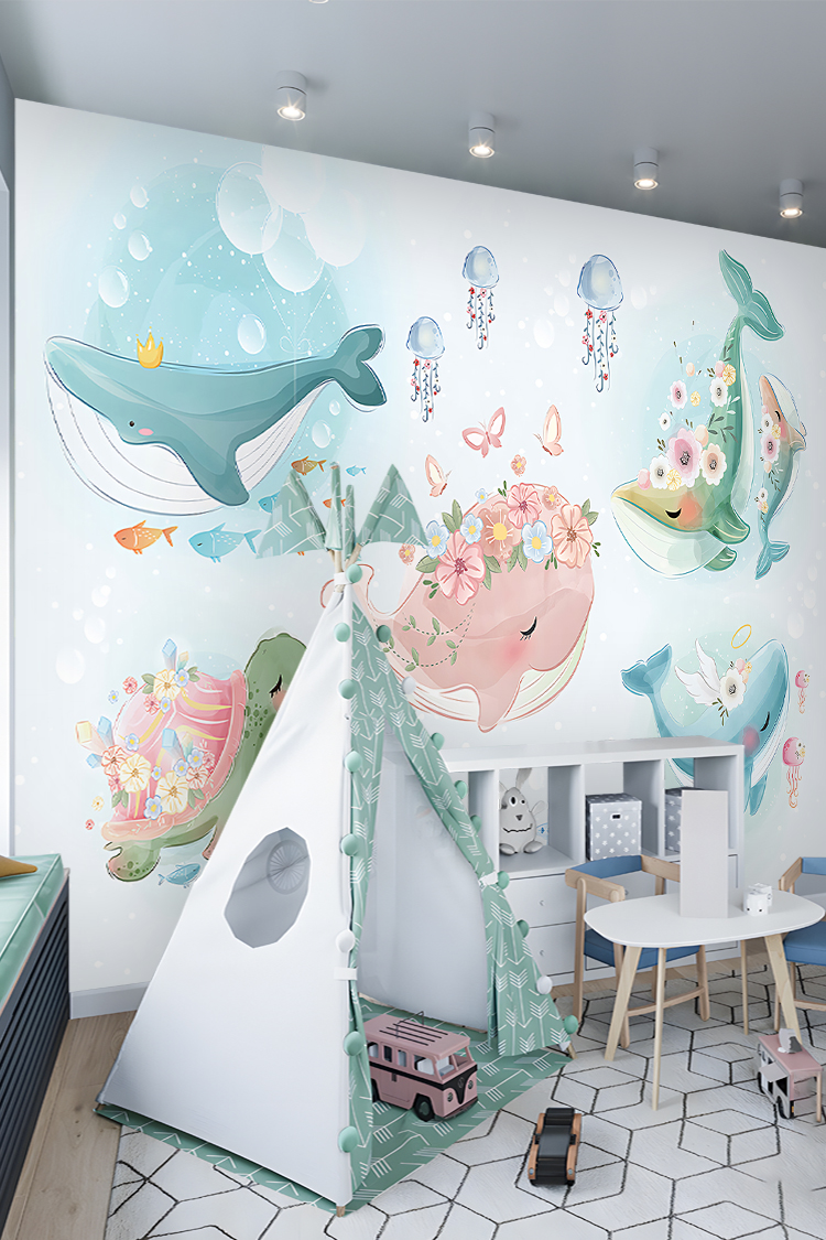 Çiçekli Balinalar ve Deniz Temalı Çocuk Odası Duvar Kağıdı - Görsel 5