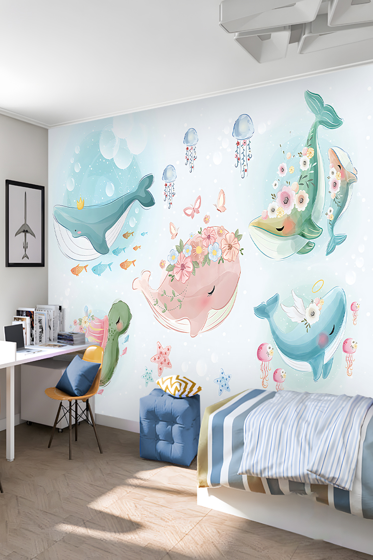 Çiçekli Balinalar ve Deniz Temalı Çocuk Odası Duvar Kağıdı - Görsel 6