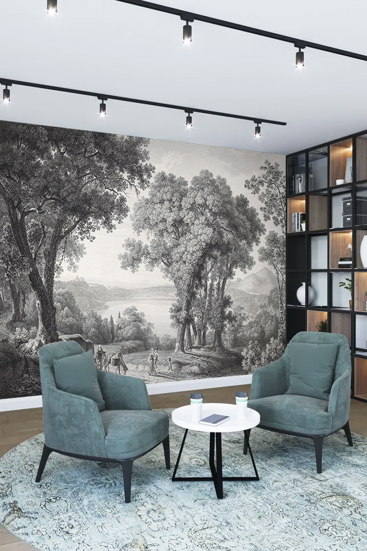 Siyah Beyaz Ağaç Manzarası Duvar Kağıdı - Görsel 3