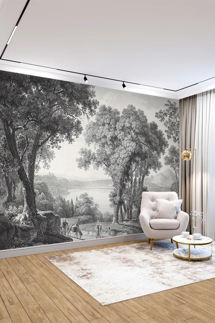 Siyah Beyaz Ağaç Manzarası Duvar Kağıdı - Görsel 4