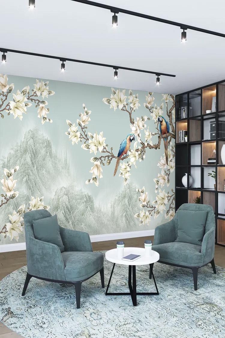 Çiçekli Kuş Desenli Duvar Kağıdı - Görsel 2