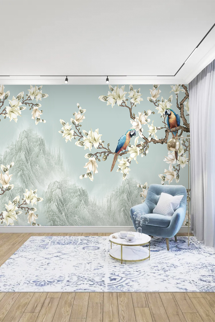 Çiçekli Kuş Desenli Duvar Kağıdı - Görsel 3