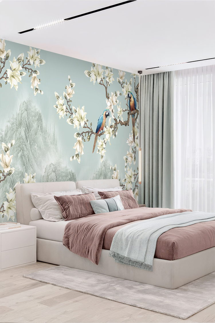 Çiçekli Kuş Desenli Duvar Kağıdı