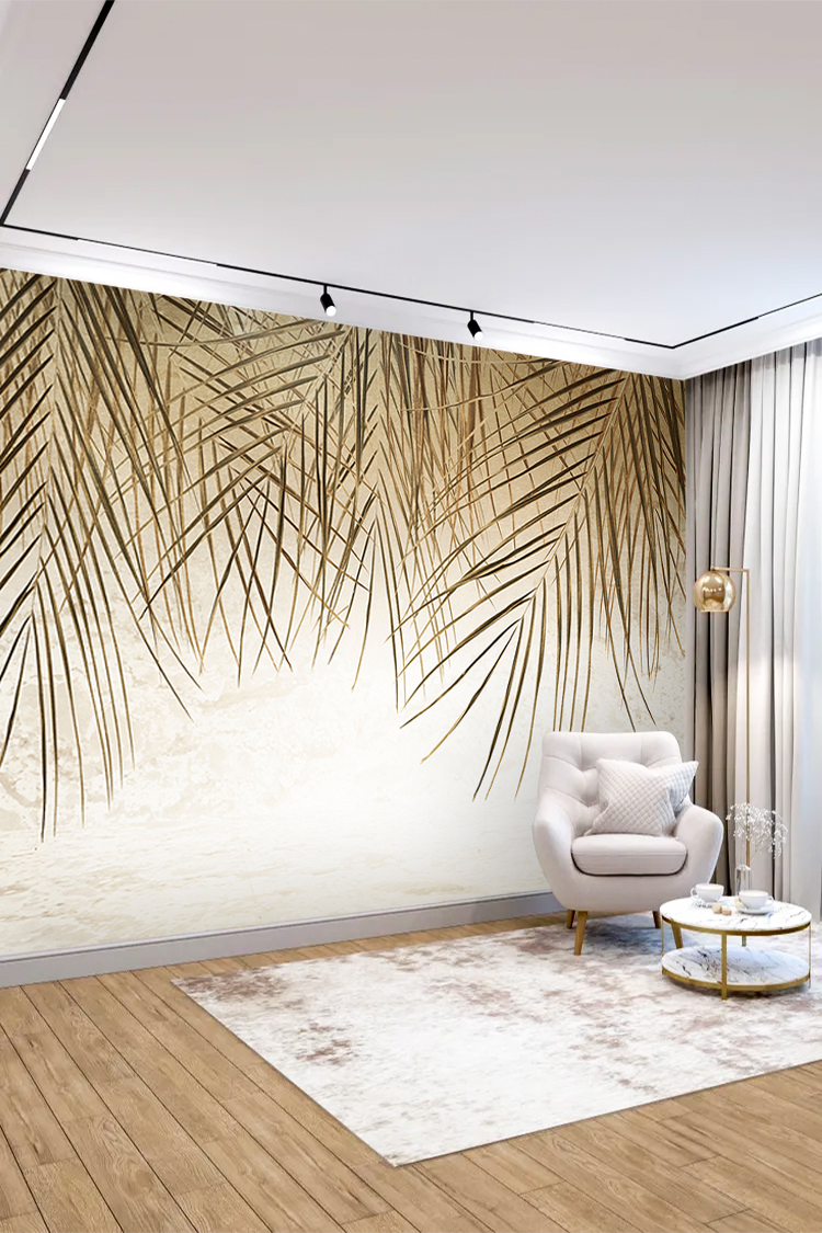 Minimalist Altın Yaprak Desenli Duvar Kağıdı - Görsel 3