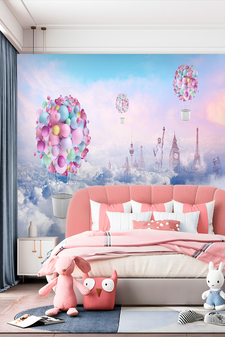 Uçan Balonlar ve Pastel Renkli Bulutlar Temalı Duvar Kağıdı - Görsel 2